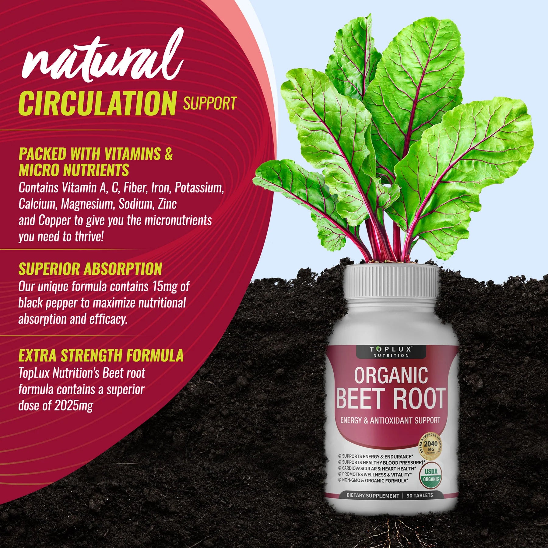 Organic Beet Root Tablets - Nitric Oxide Booster Beetroot Supplement 2040mg-KY