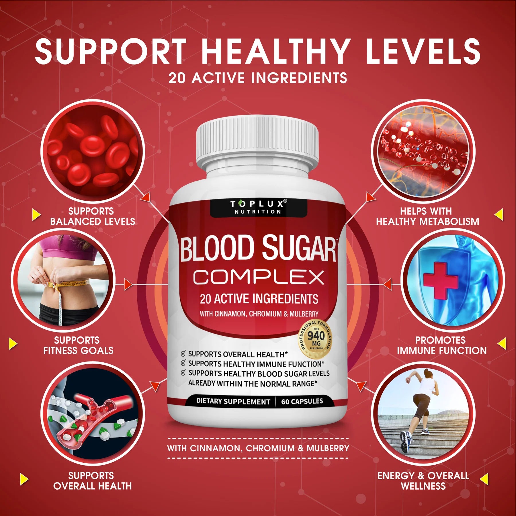 Blood Sugar Complex 20 Vitamins & Minerals Support Overall Health-KY